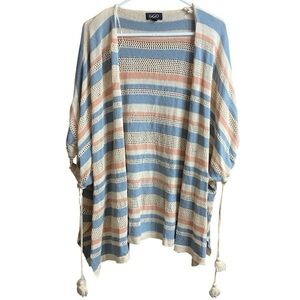 GIGIO Blue Cream Pink Stripe Open Front Crochet Knit Cardigan Size Medium